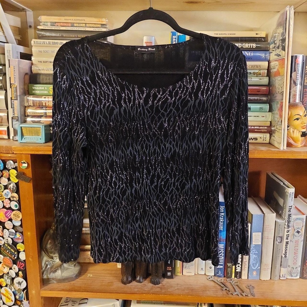 Brittany Black Y2K Sparkly Pattern Long Sleeve Top Medium Black Silver Glitter